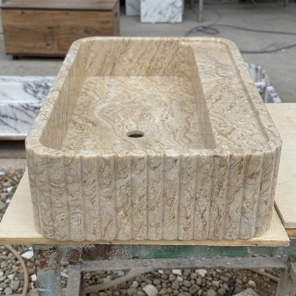 Beige Travertine square vessel sink — eye-level view (photo 20)