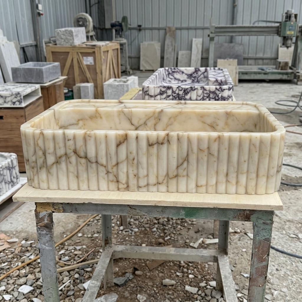 Calacatta Gold Marble square vessel sink — right side view (photo 4)