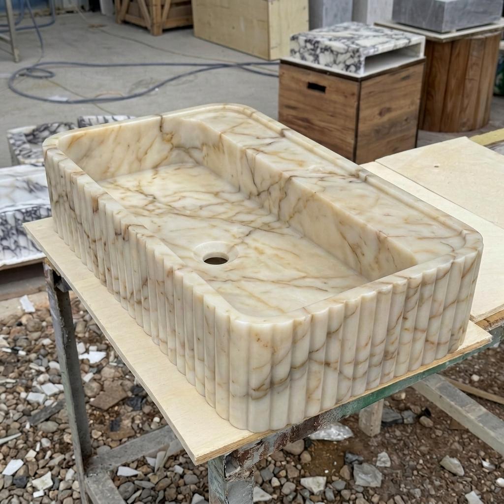 Calacatta Gold Marble square vessel sink — isometric three-quarter view (photo 6)