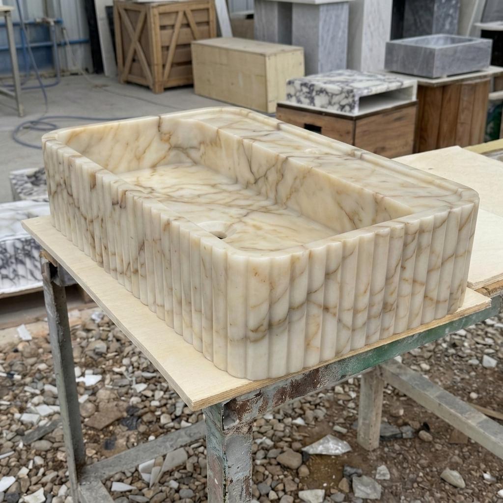 Calacatta Gold Marble square vessel sink — low-angle view (photo 13)