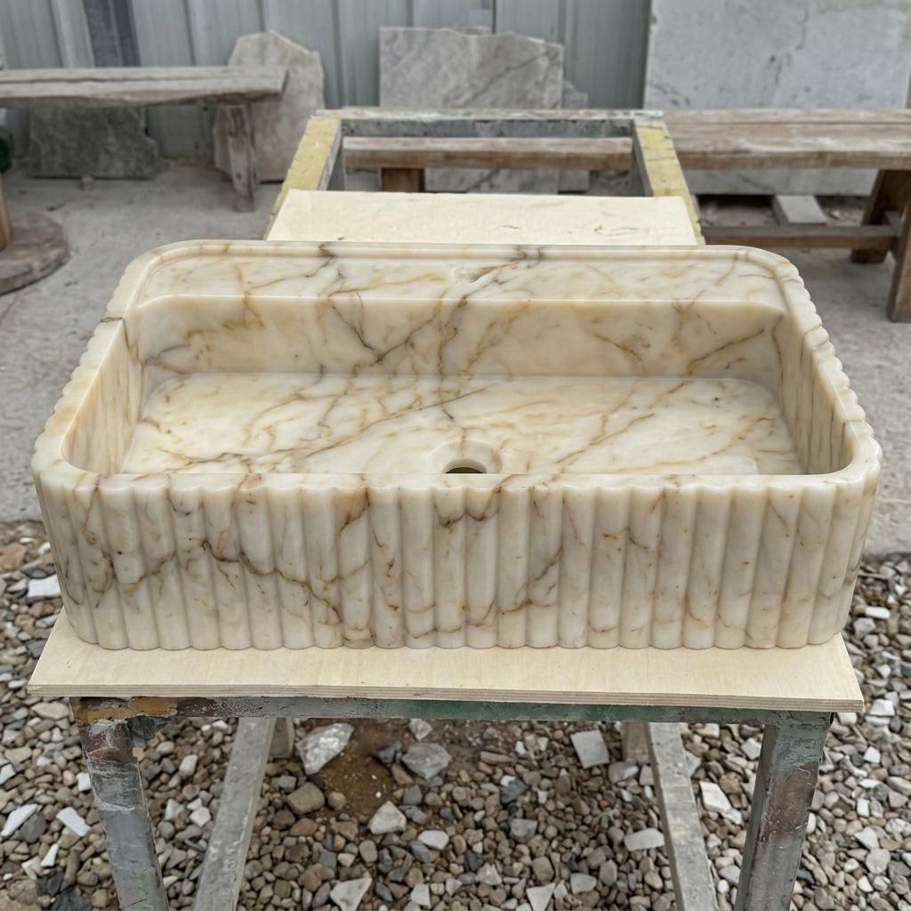 Calacatta Gold Marble square vessel sink — eye-level view (photo 18)