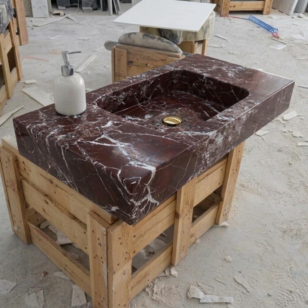 Rosso Levanto Marble wall mount sink — isometric three-quarter view (photo 6)