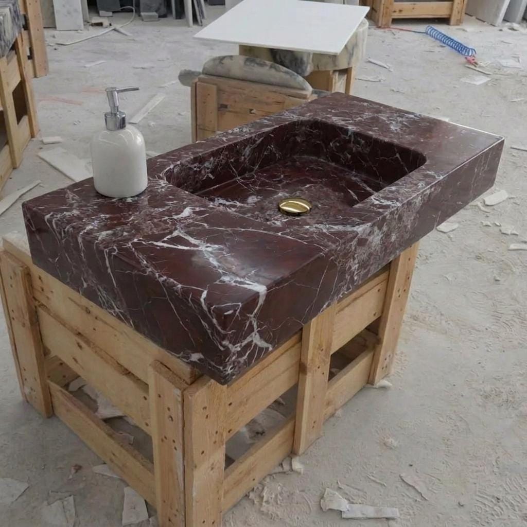Rosso Levanto Marble wall mount sink — isometric three-quarter view (photo 7)