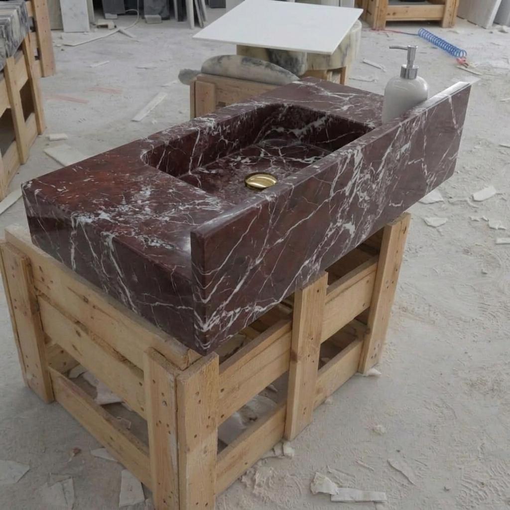 Rosso Levanto Marble wall mount sink — isometric three-quarter view (photo 8)