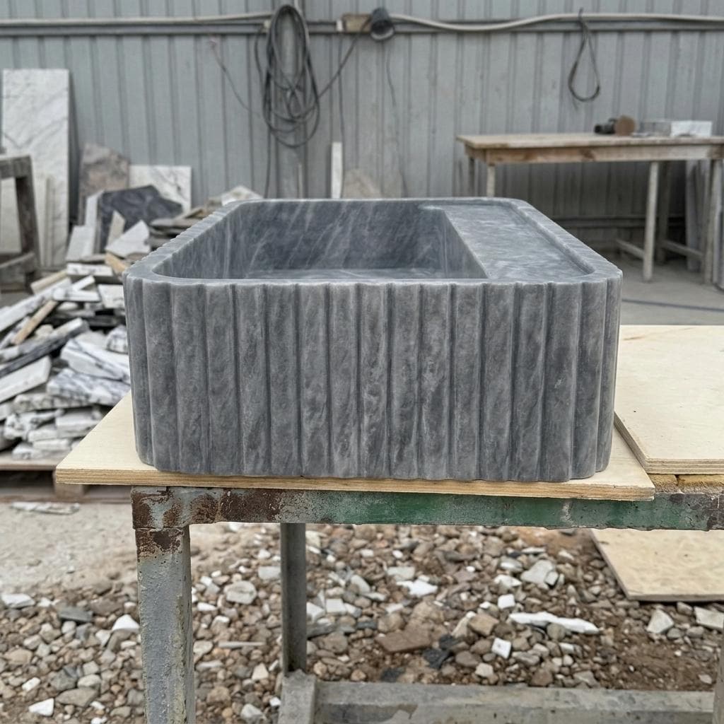Thundra Gray Marble square vessel sink — left side view (photo 2)