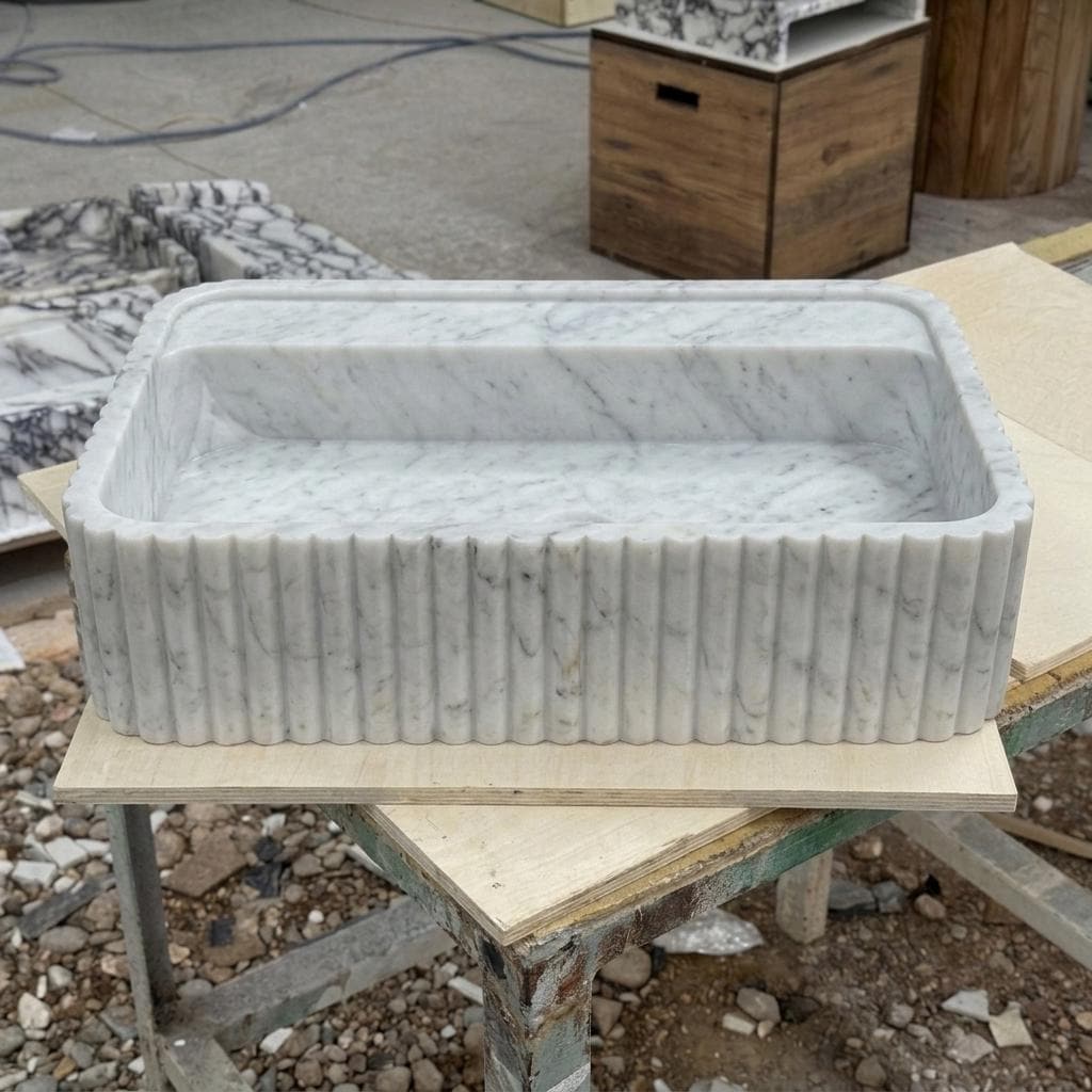 Carrara White Marble square vessel sink — front view (photo 2)