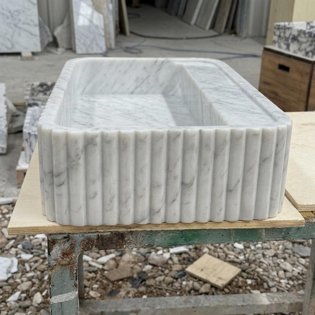 Carrara White Marble square vessel sink — left side view (photo 3)