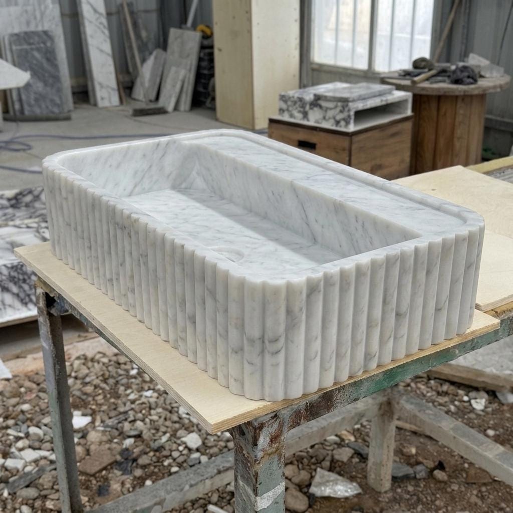 Carrara White Marble square vessel sink — isometric three-quarter view (photo 8)