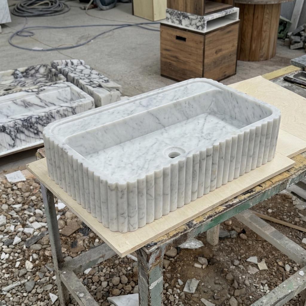 Carrara White Marble square vessel sink — full wide shot (photo 16)