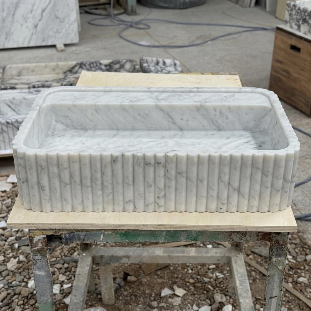 Carrara White Marble square vessel sink — eye-level view (photo 20)