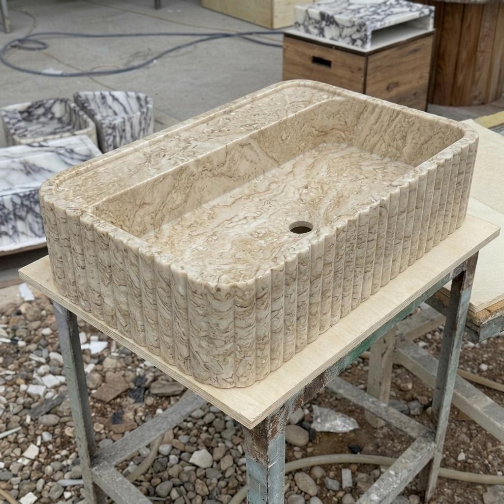 Beige Travertine square vessel sink — isometric three-quarter view (photo 10)