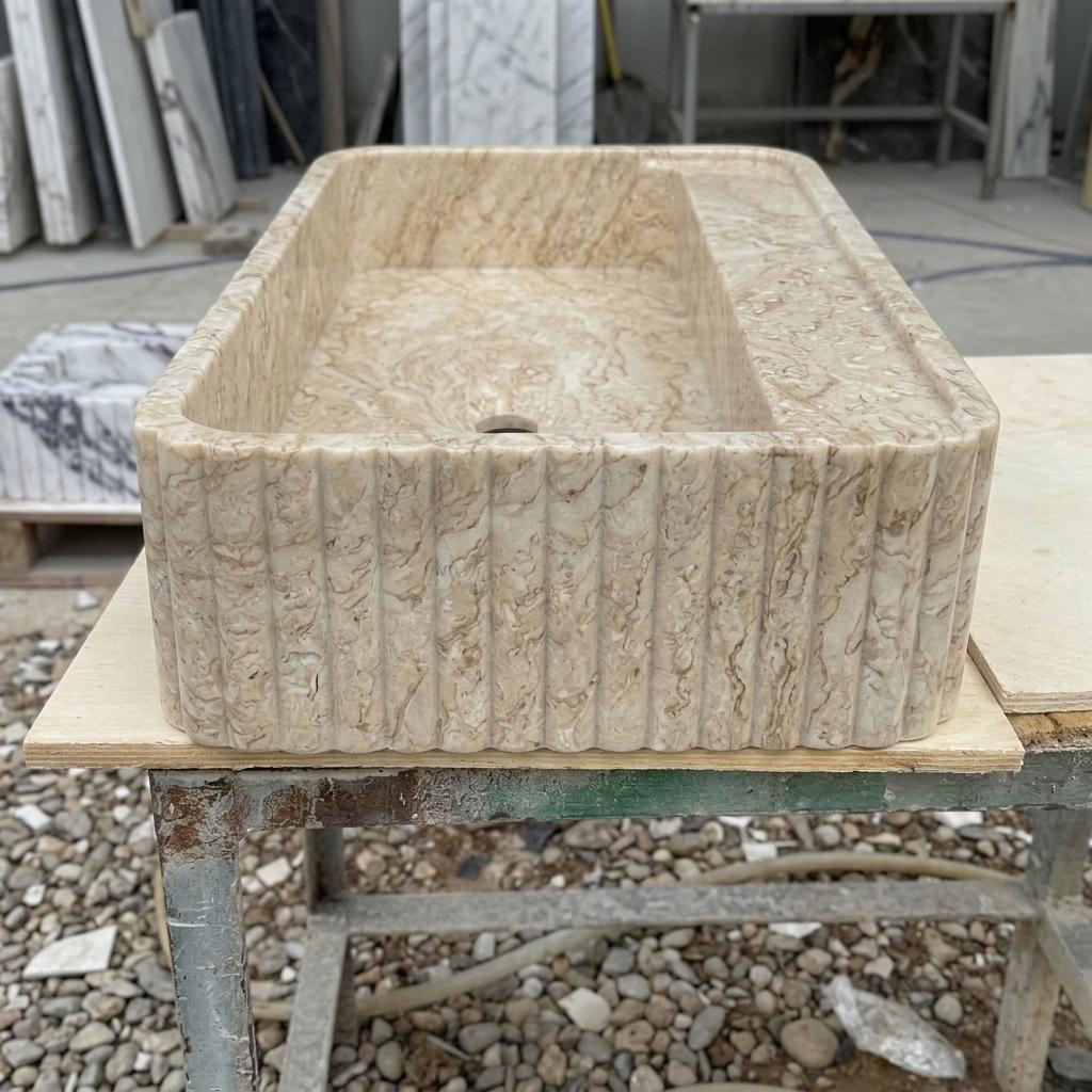 Beige Travertine square vessel sink — front view (photo 13)