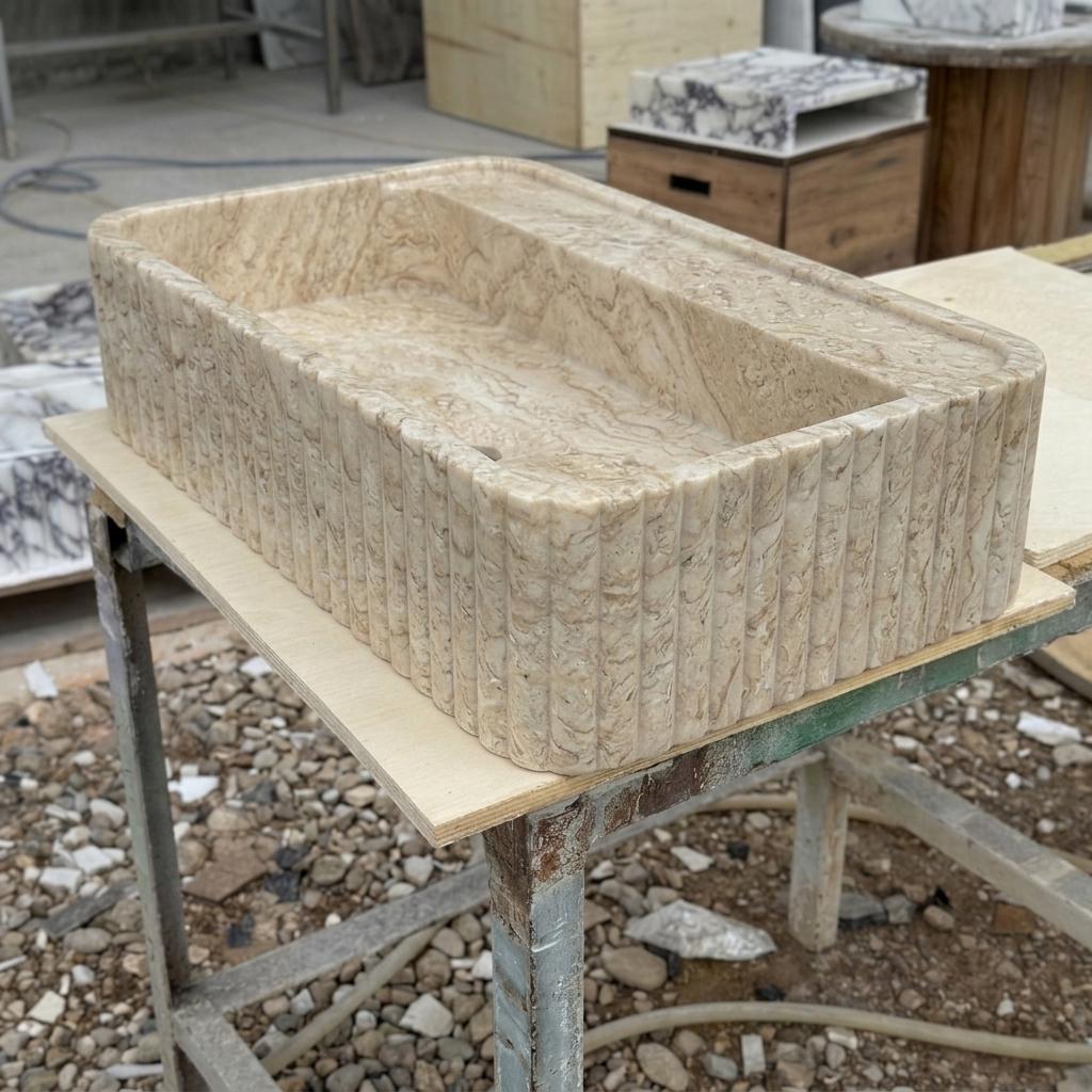 Beige Travertine square vessel sink — low-angle view (photo 14)