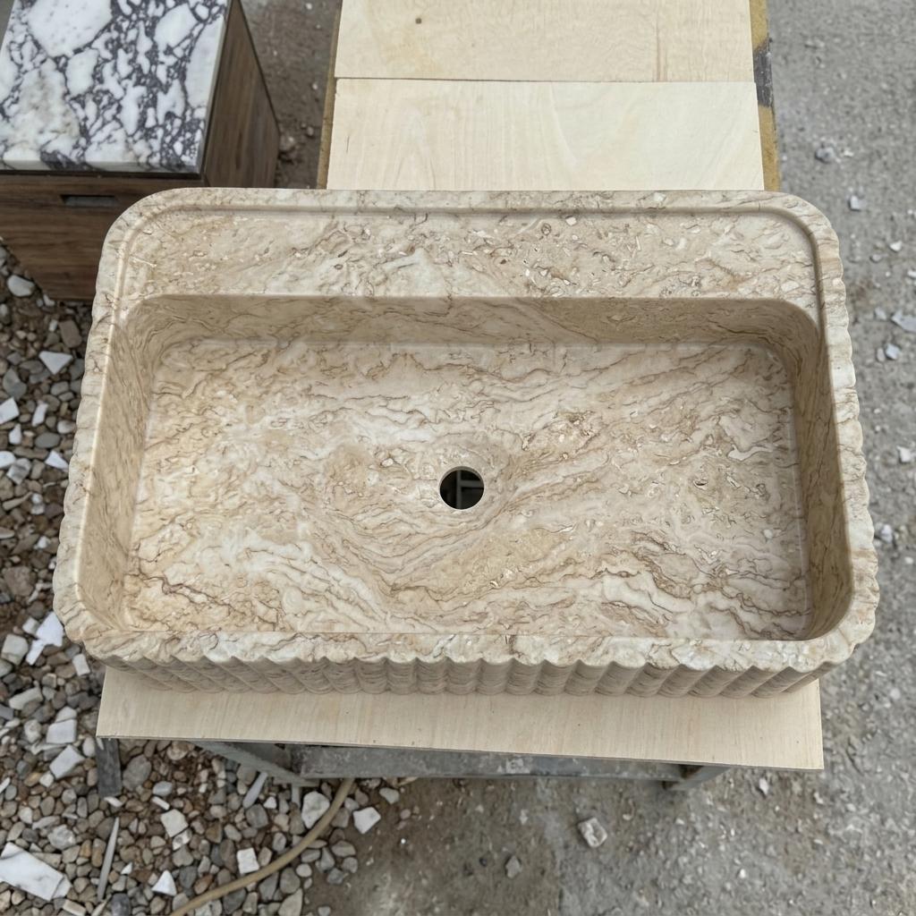 Beige Travertine square vessel sink — bird's eye view (photo 19)