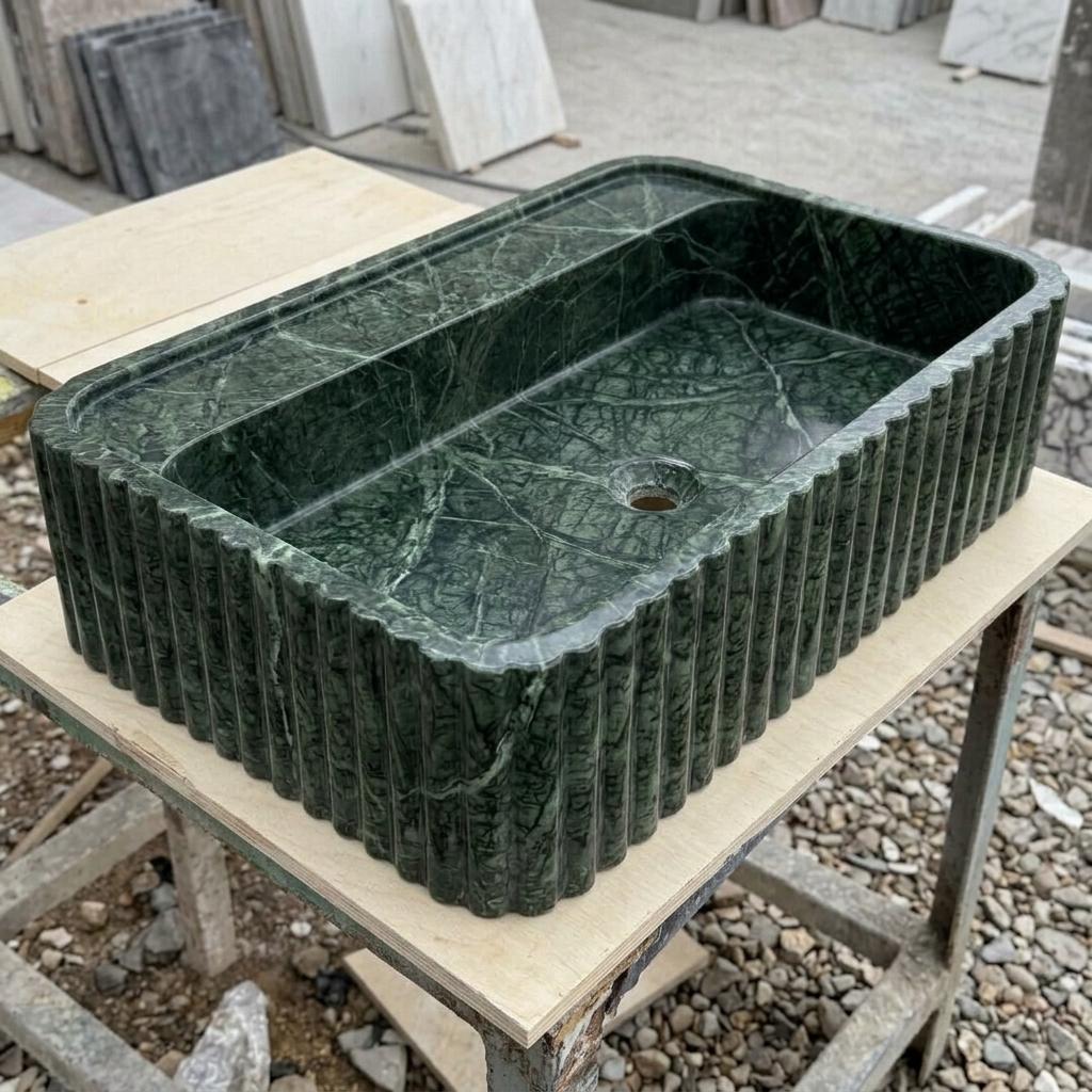 Calacatta Viola Marble square vessel sink — isometric three-quarter view (photo 6)