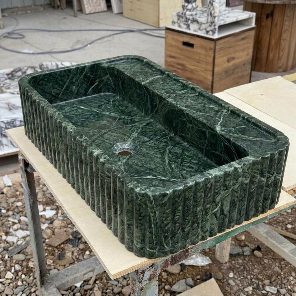 Calacatta Viola Marble square vessel sink — isometric three-quarter view (photo 7)
