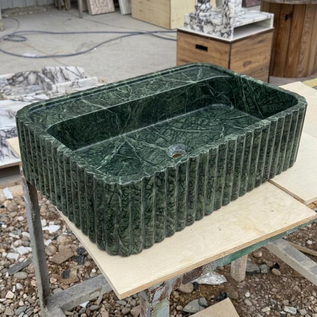 Calacatta Viola Marble square vessel sink — isometric three-quarter view (photo 8)