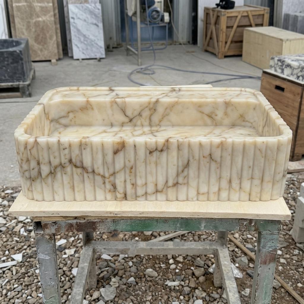 Calacatta Gold Marble square vessel sink — front view