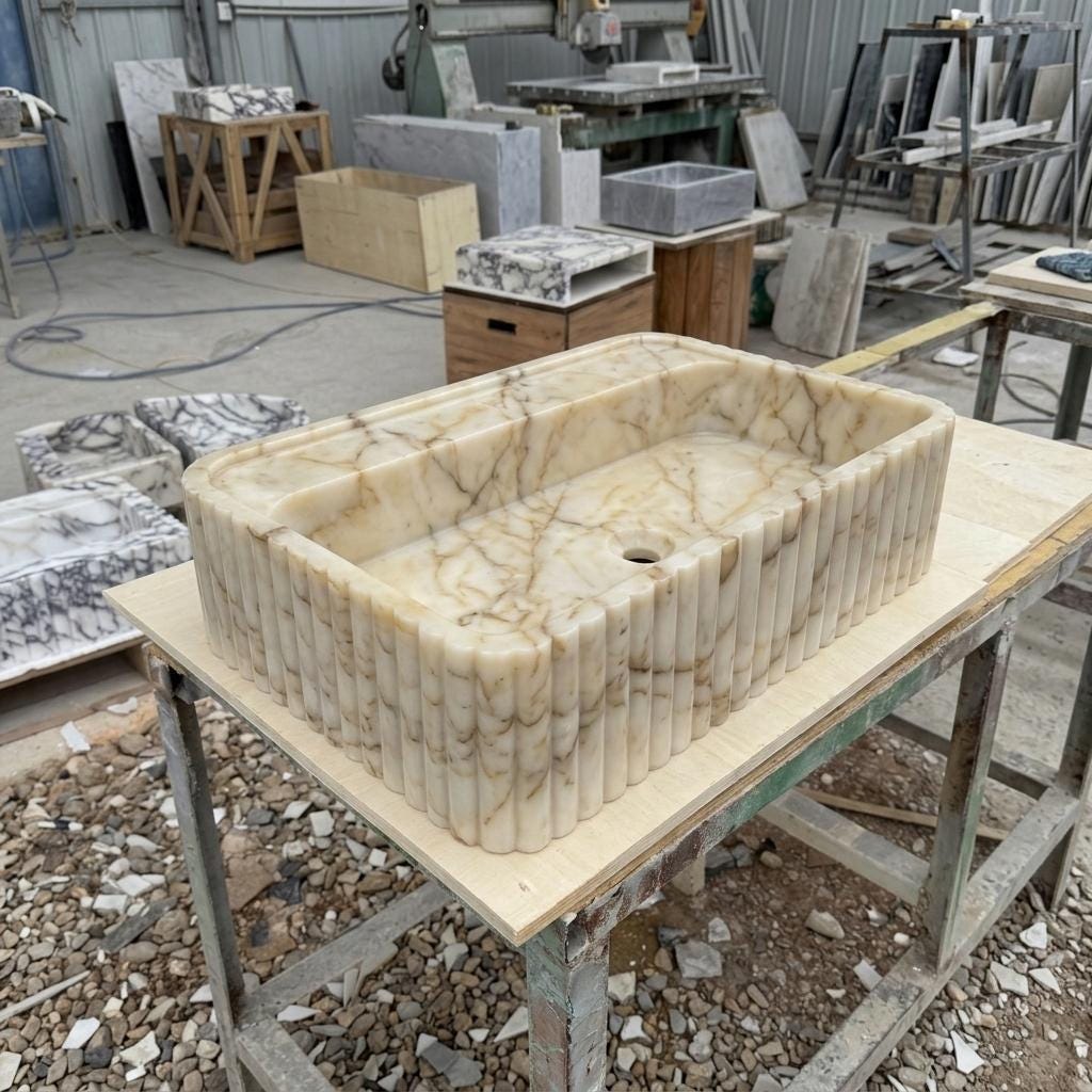 Calacatta Gold Marble square vessel sink — full wide shot (photo 15)