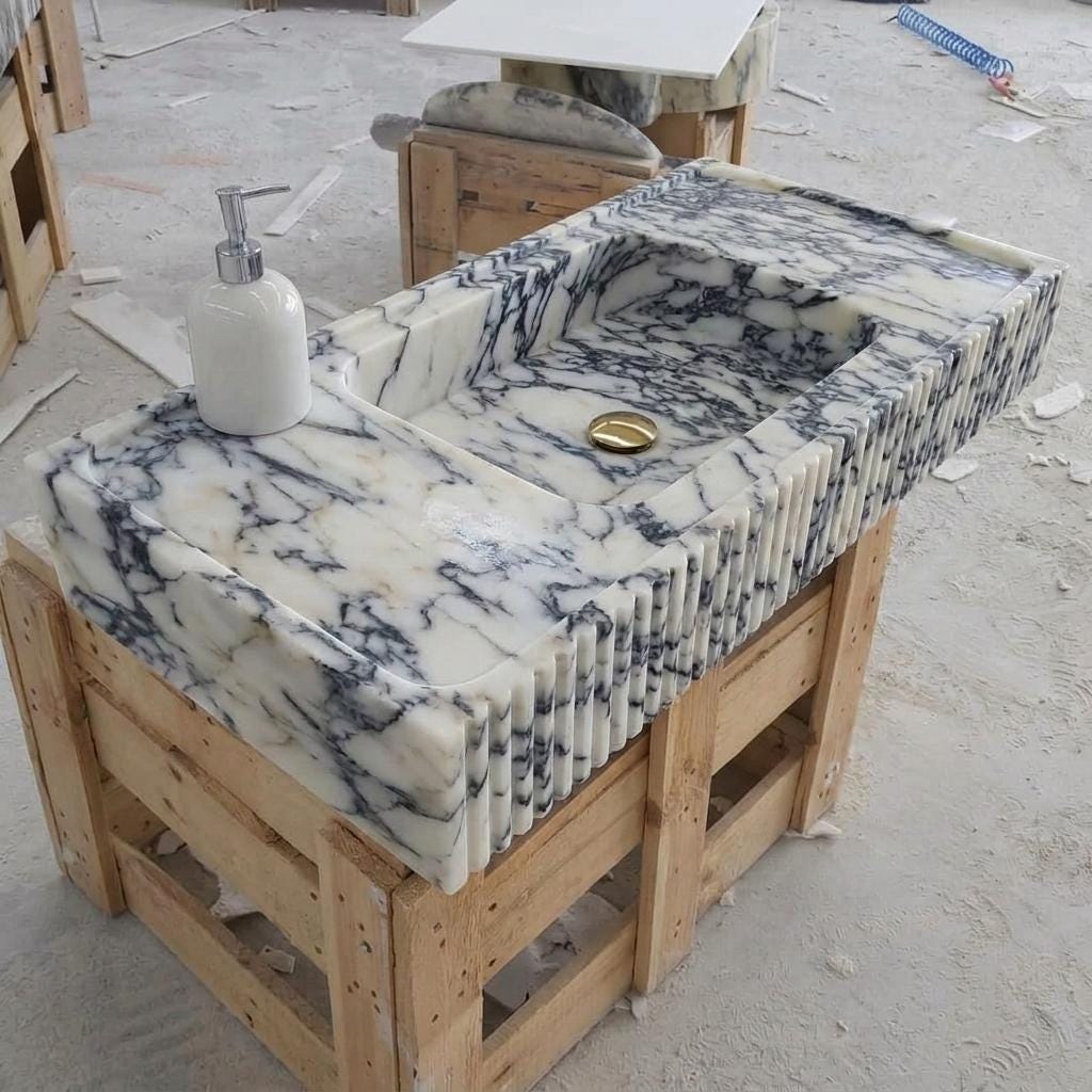 Calacatta Viola Marble wall mount sink — high-angle view (photo 9)
