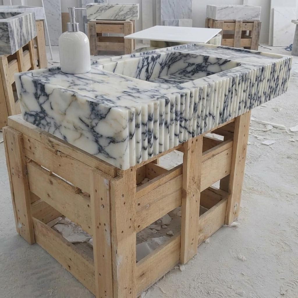 Calacatta Viola Marble wall mount sink — low-angle view (photo 10)