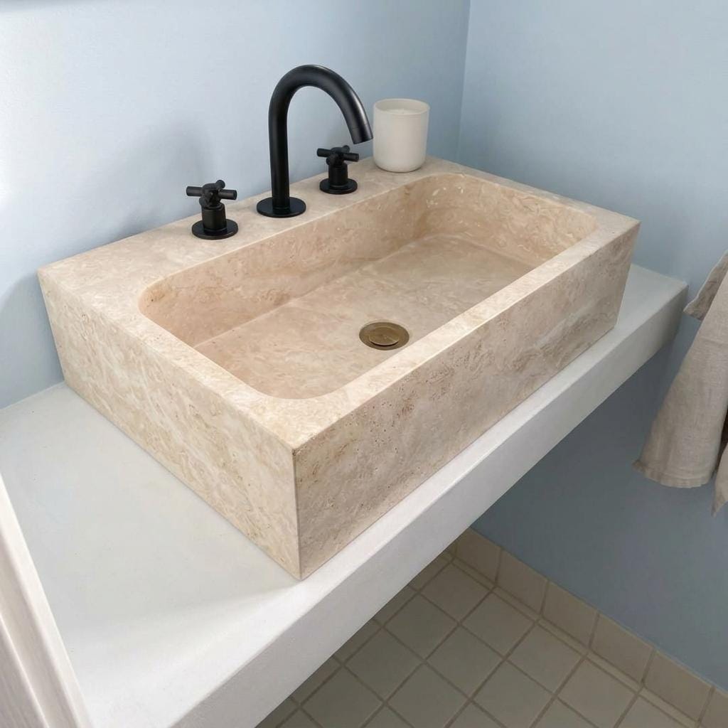 Beige Travertine wall mount sink — isometric three-quarter view (photo 4)