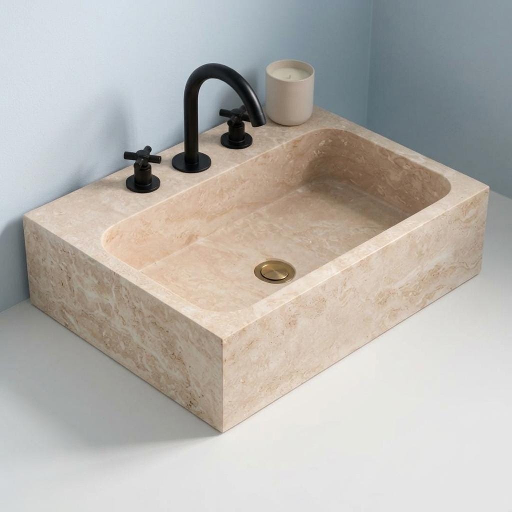 Beige Travertine wall mount sink — isometric three-quarter view (photo 5)