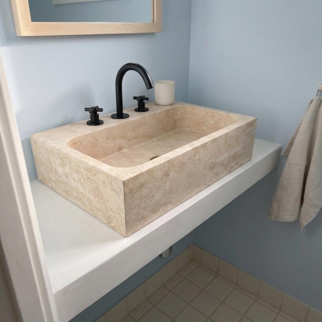 Beige Travertine wall mount sink — high-angle view (photo 6)