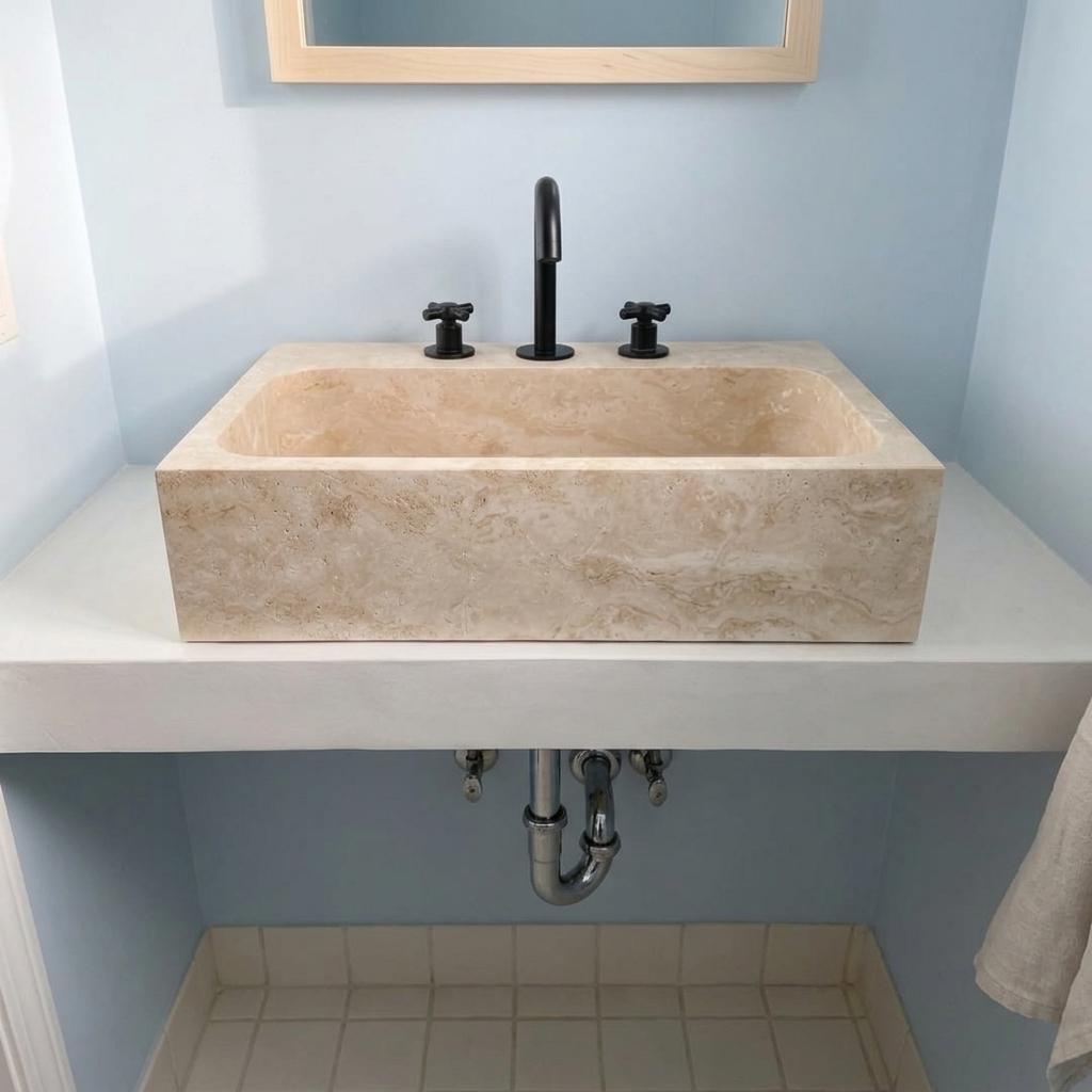 Beige Travertine wall mount sink — front view (photo 7)