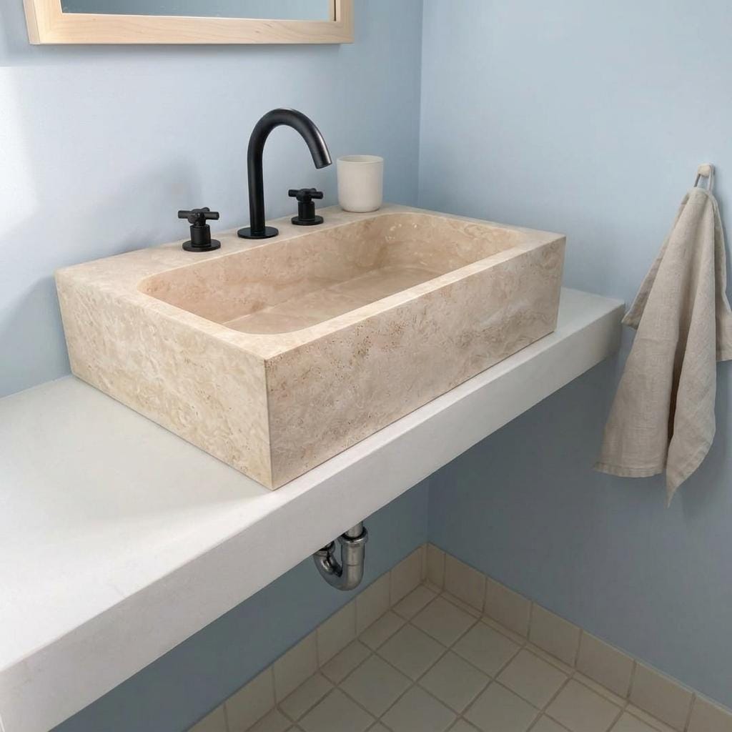 Beige Travertine wall mount sink — low-angle view (photo 8)