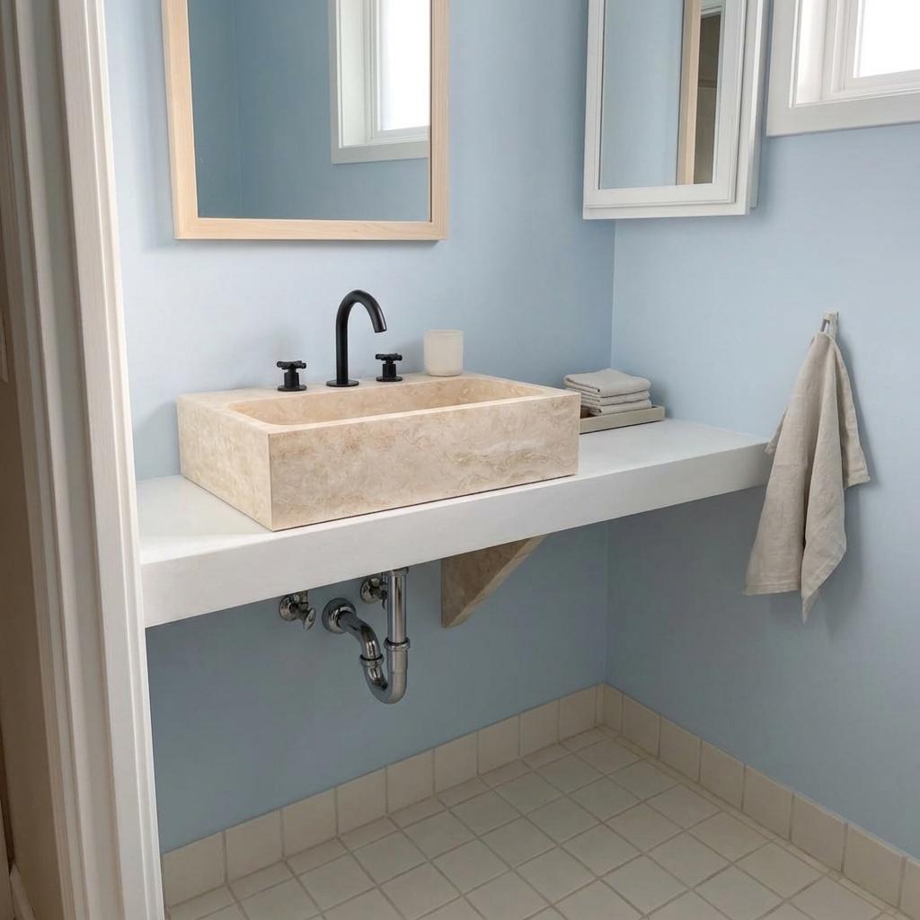 Beige Travertine wall mount sink — full wide shot (photo 10)