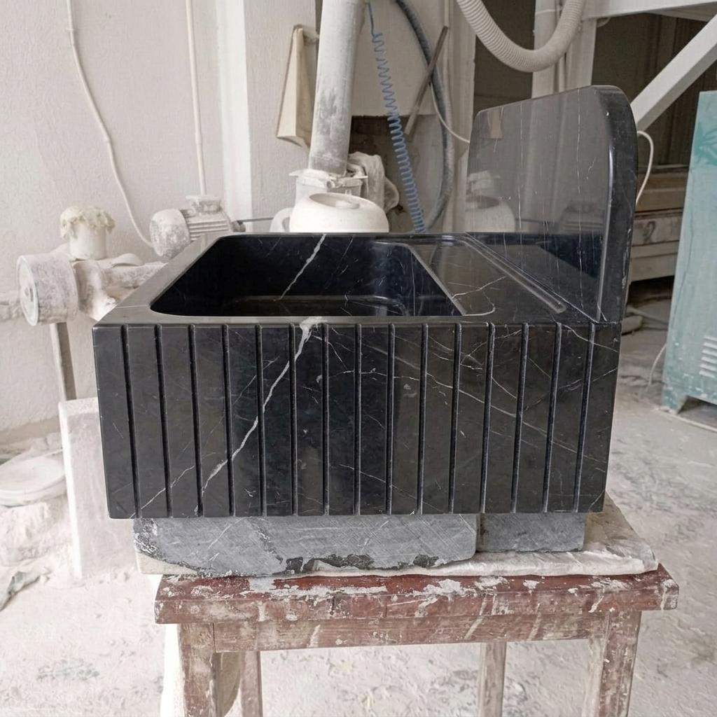 Nero Marquina Marble wall mount sink — left side view (photo 3)