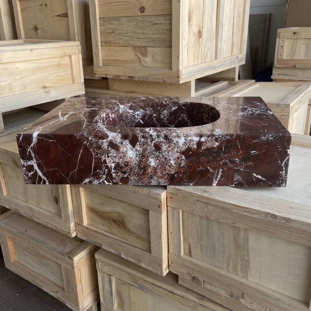Rosso Levanto Marble square vessel sink — front view (photo 7)