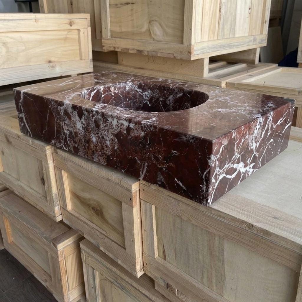 Rosso Levanto Marble square vessel sink — low-angle view (photo 8)