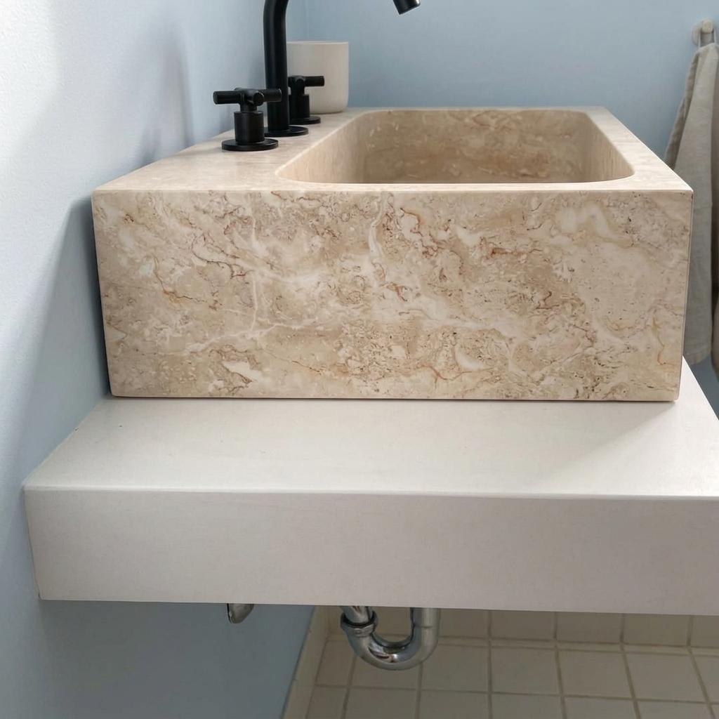 Beige Travertine wall mount sink — left side view (photo 2)