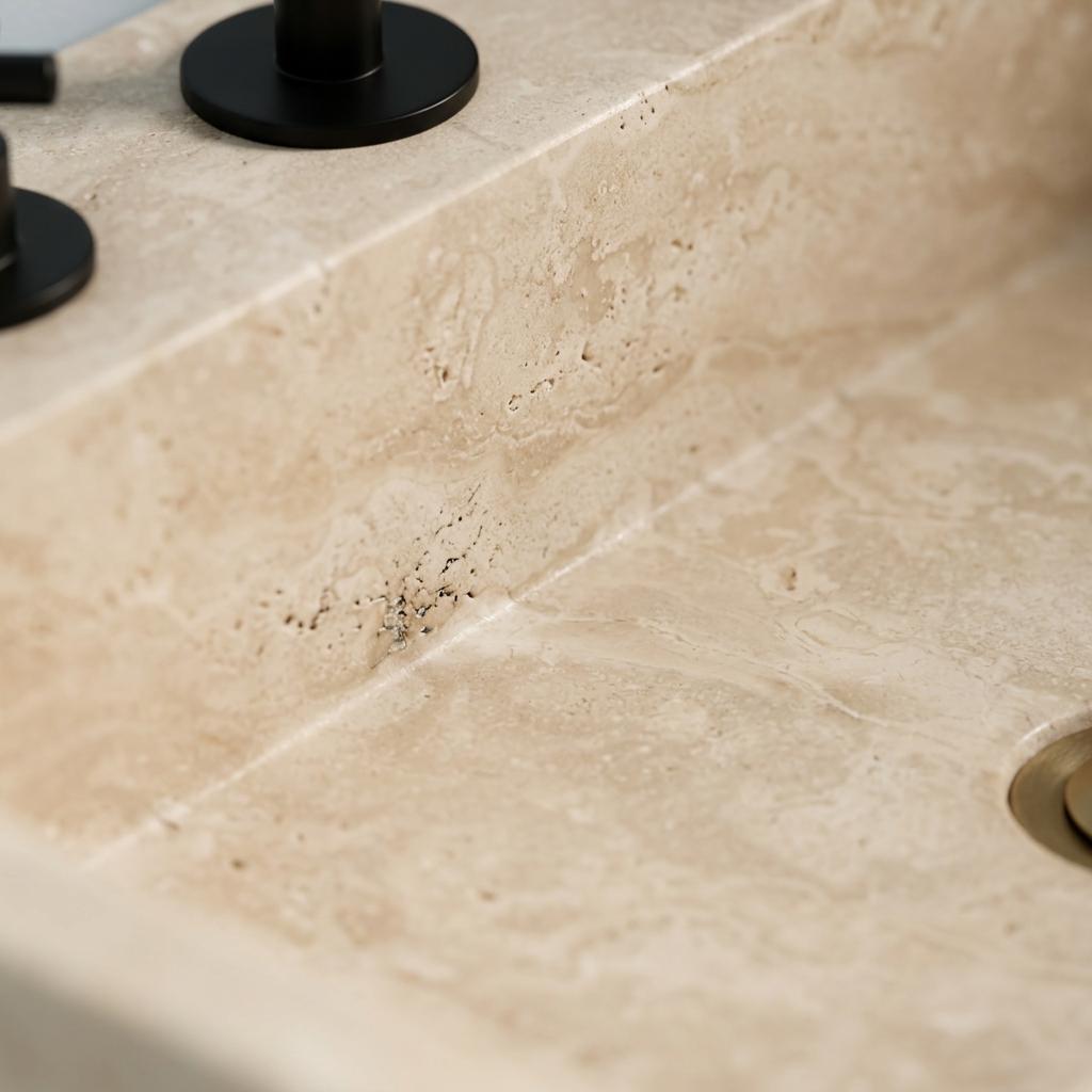 Beige Travertine wall mount sink — close-up of marble veining (photo 9)