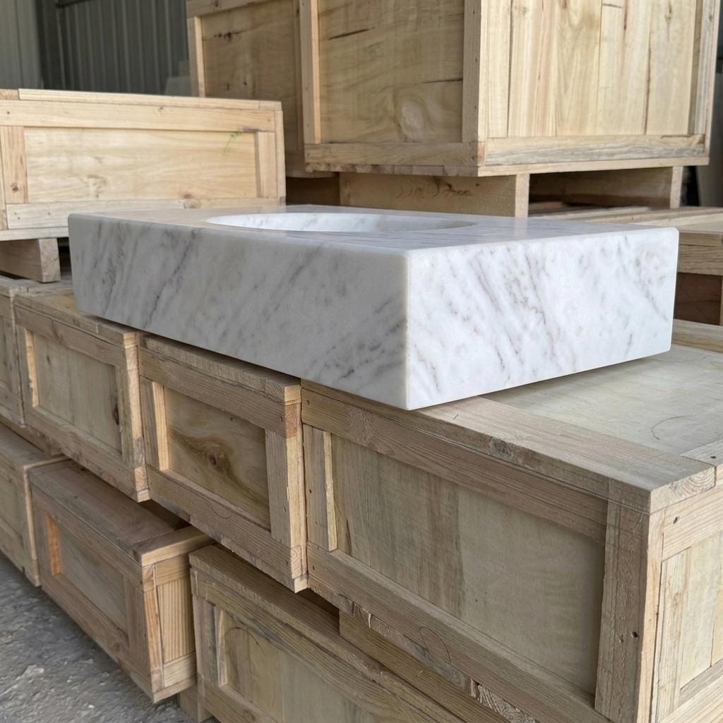 Carrara White Marble wall mount sink — low-angle view (photo 7)