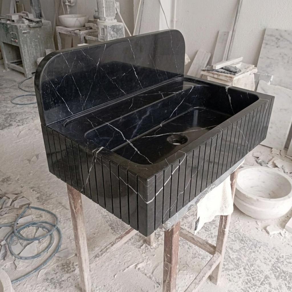 Nero Marquina Marble wall mount sink — isometric three-quarter view (photo 6)