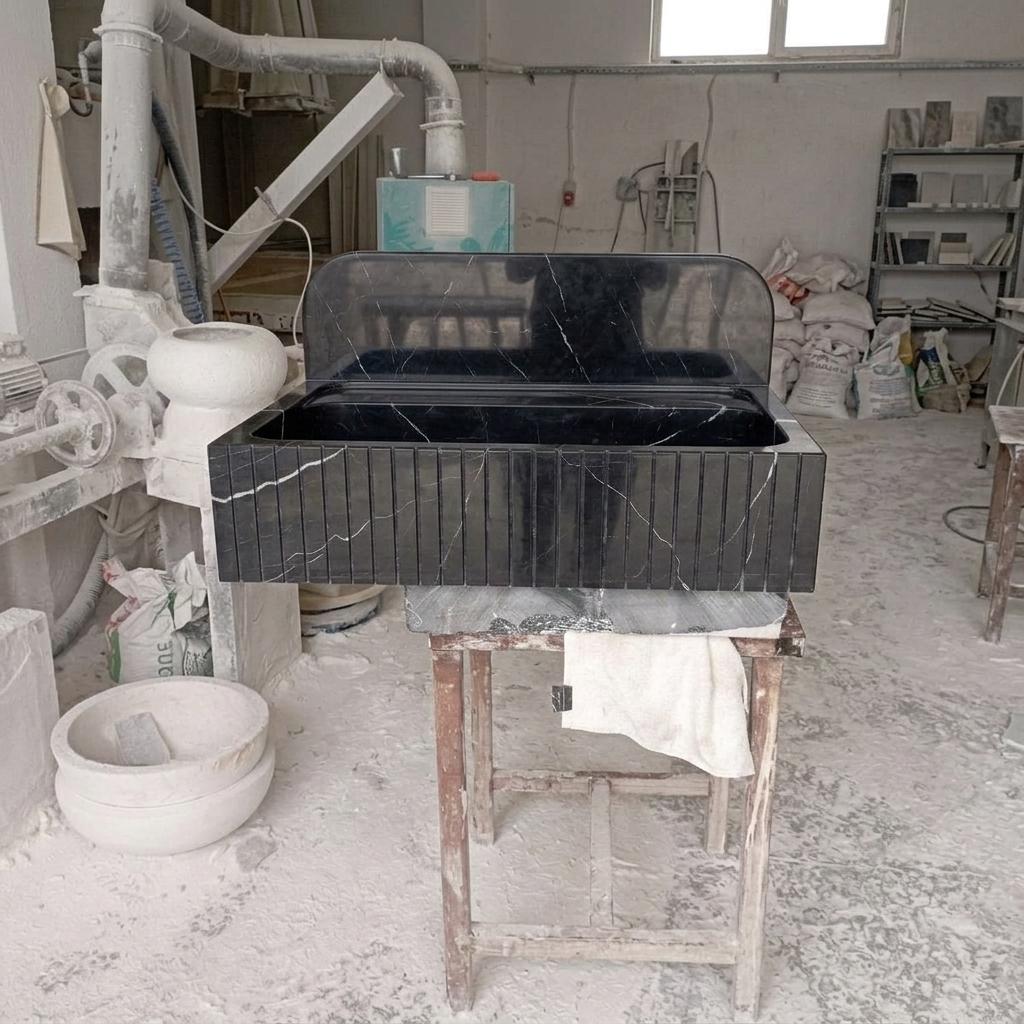 Nero Marquina Marble wall mount sink — full wide shot (photo 11)