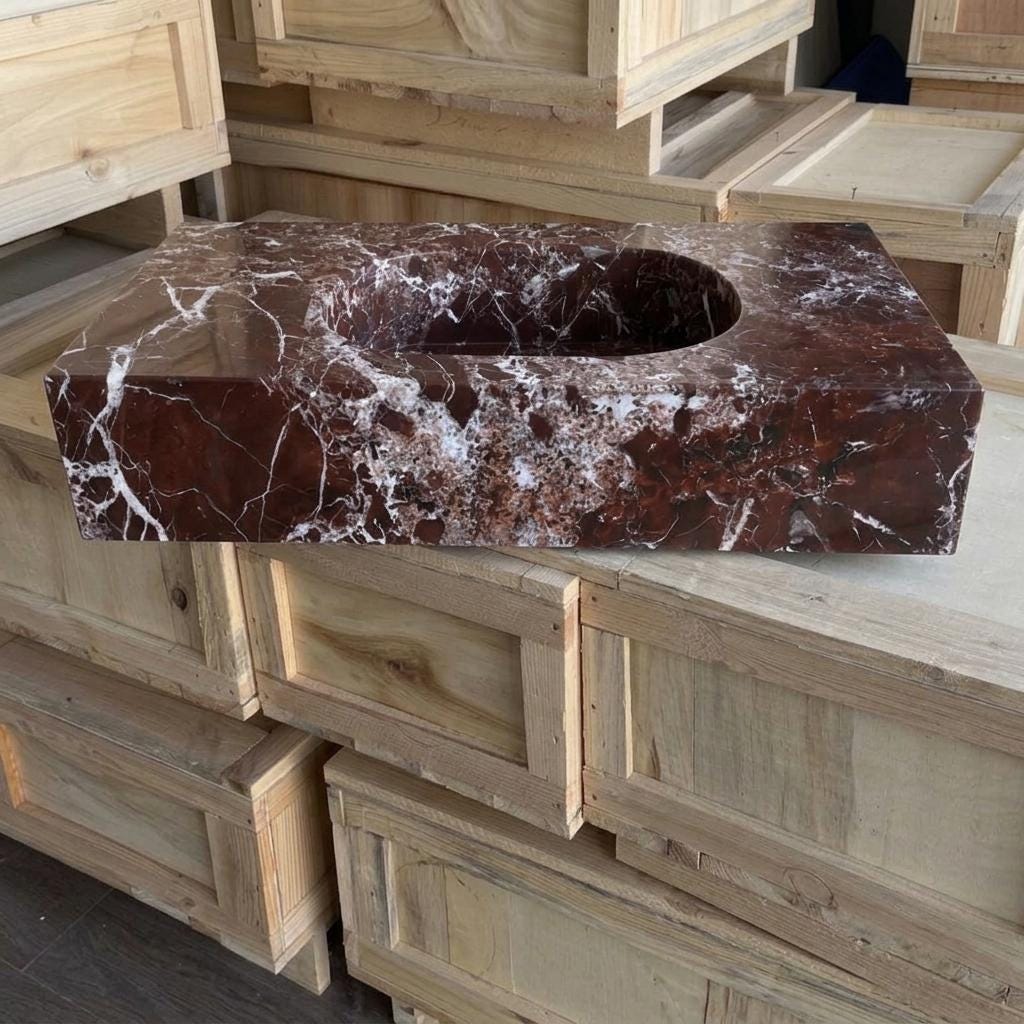 Rosso Levanto Marble square vessel sink — front view (photo 2)