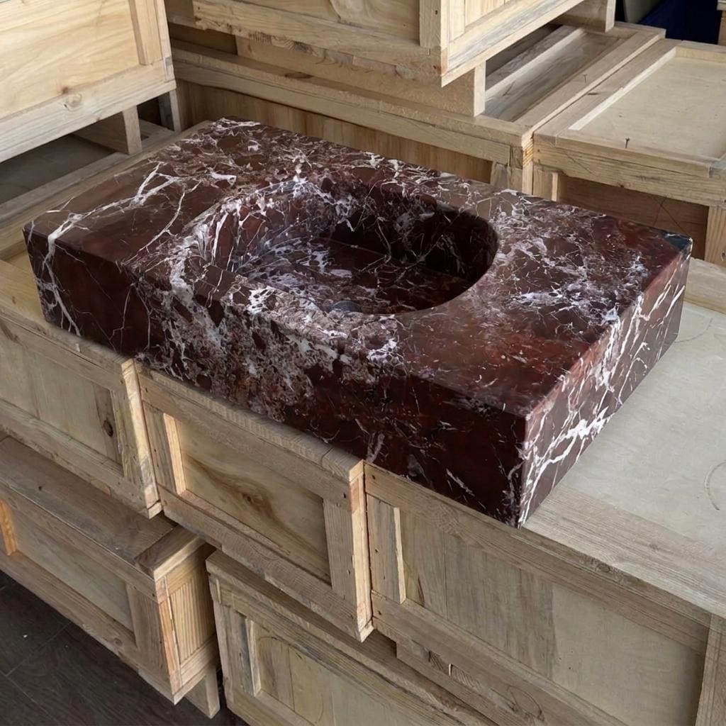 Rosso Levanto Marble square vessel sink — isometric three-quarter view (photo 4)