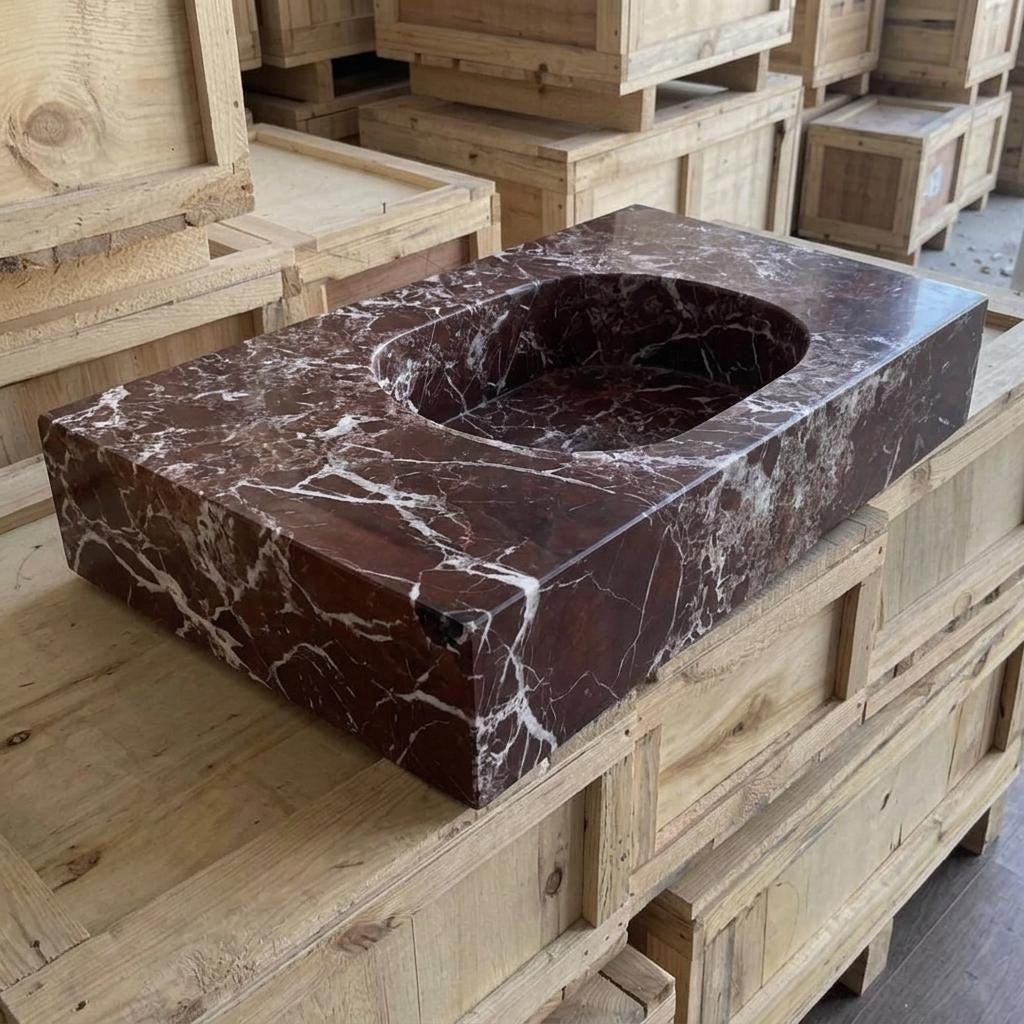 Rosso Levanto Marble square vessel sink — high-angle view (photo 6)
