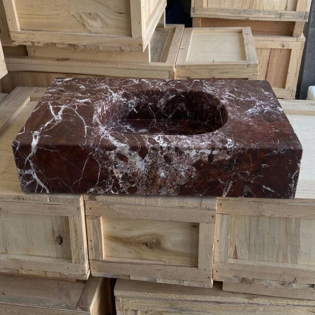 Rosso Levanto Marble square vessel sink — eye-level view (photo 12)