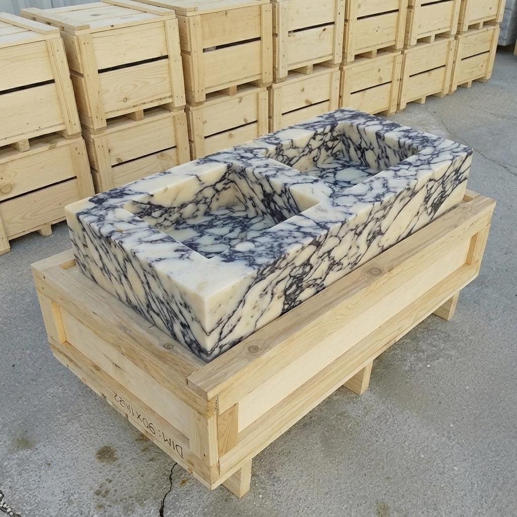 Calacatta Viola Marble fluted vessel sink — isometric three-quarter view (photo 9)
