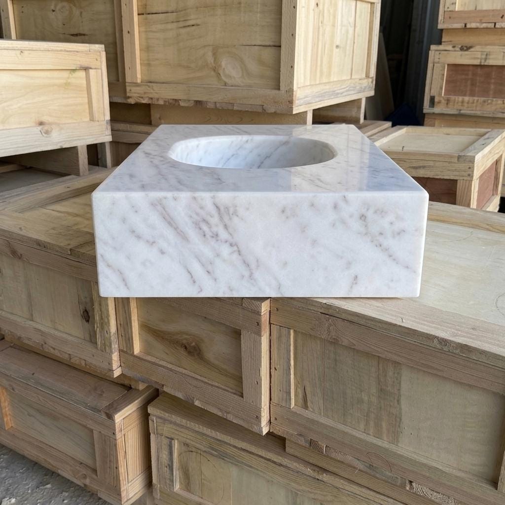 Carrara White Marble wall mount sink — right side view