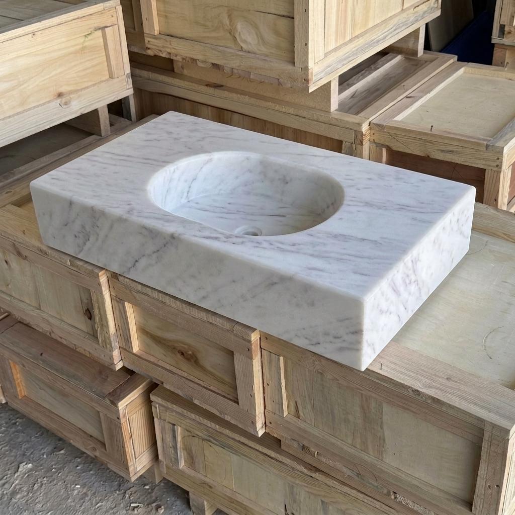 Carrara White Marble wall mount sink — isometric three-quarter view (photo 3)