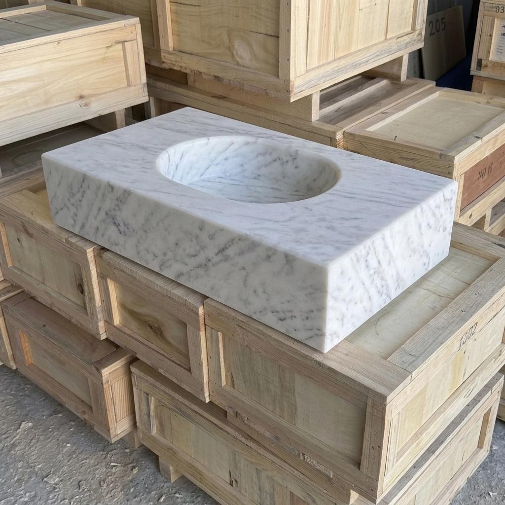 Carrara White Marble wall mount sink — isometric three-quarter view (photo 4)