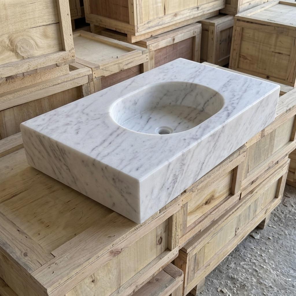 Carrara White Marble wall mount sink — high-angle view (photo 6)