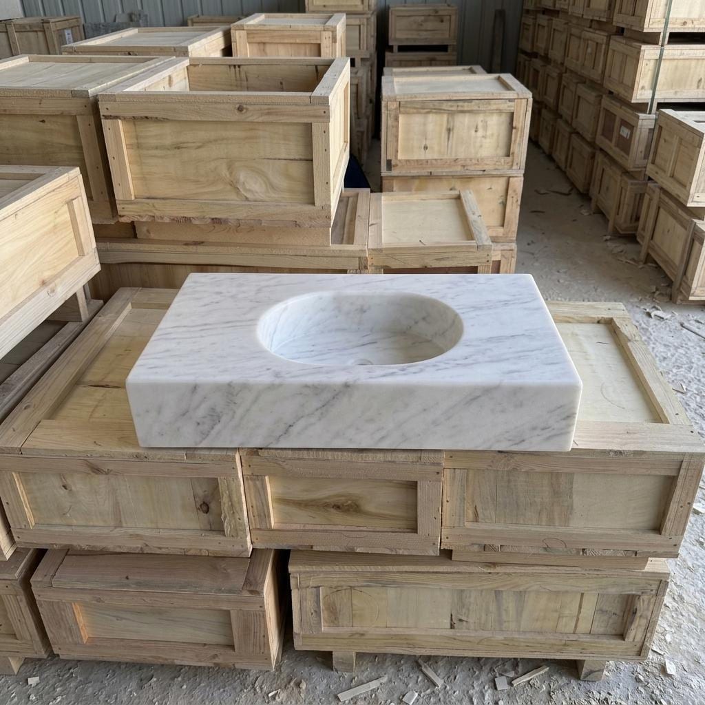 Carrara White Marble wall mount sink — full wide shot (photo 9)
