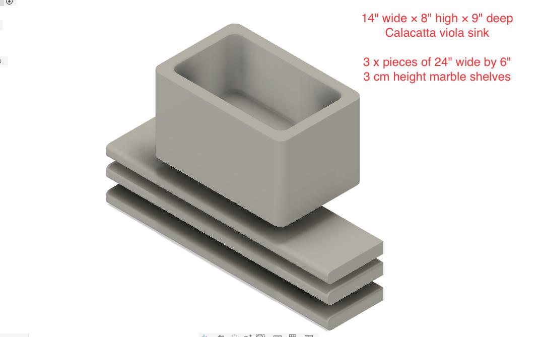 calacatta marble sink and 3 x pieces of 24" wide by 6" marble shelves